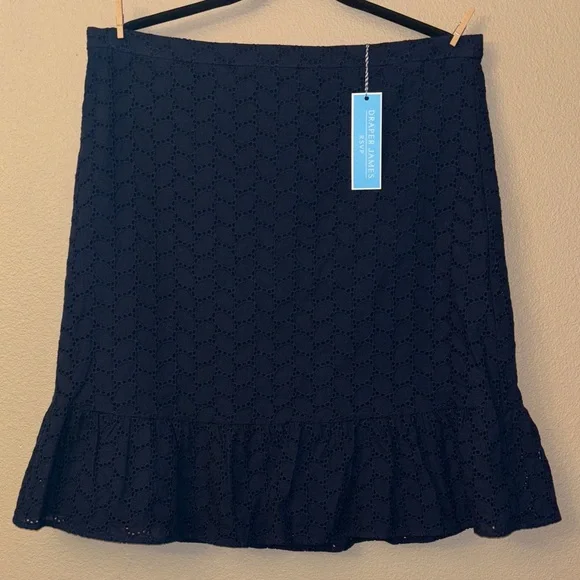 Draper James Navy Blue Eyelet A-Line Knee Length Skirt Size 16 Ruffle Hem - Picture 7 of 15